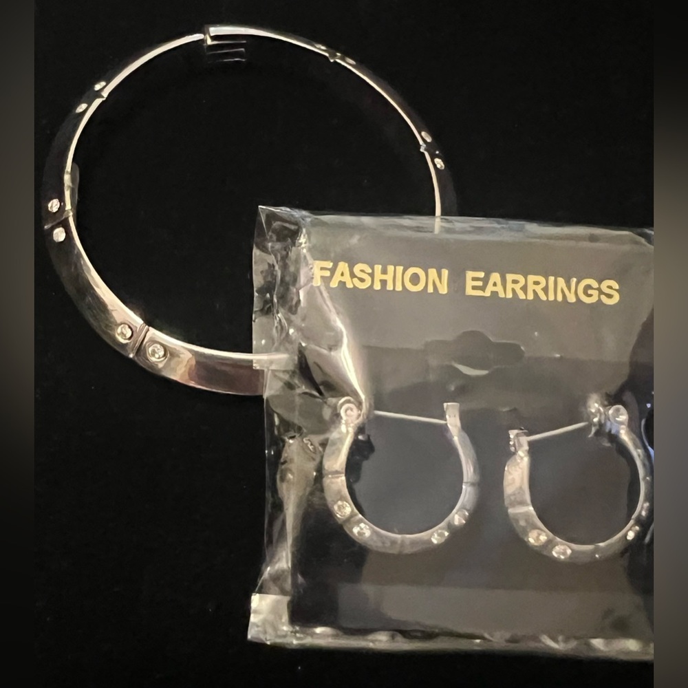 Studded Silvertone rhinestone bangle bracelet & fashion silver hoop earrings
